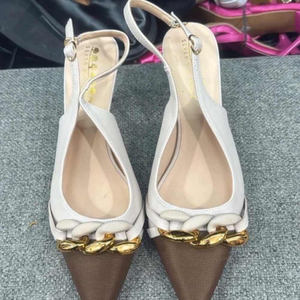 Elegant Cream and Brown Slingback Heels with Gold Details